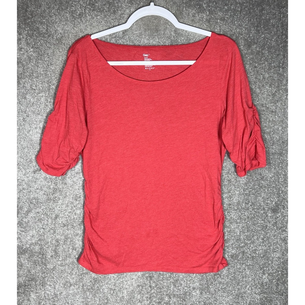 GAP Tee Shirt Womens Size Large Red Ruched Sleeves & Sides Lightweight Boat Neck
